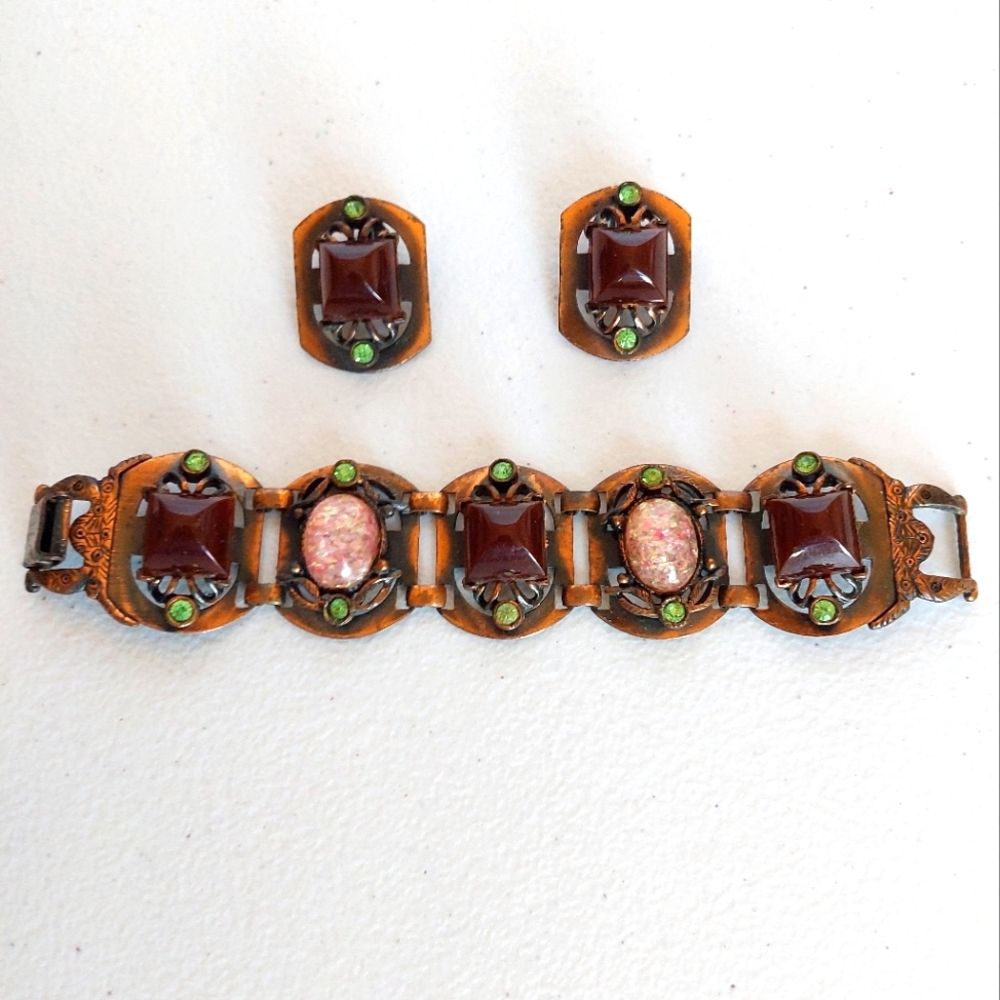 Vtg Selro Selini Copper Earrings & Bracelet W/Faux Opal/Peridot/Pyramid Stones